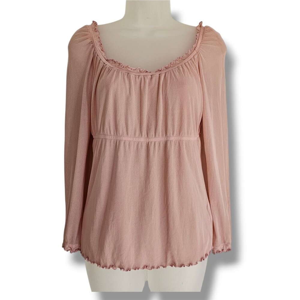 Y2K 90s Guess‎ Babydoll Peasant Top Womens M Pink Mesh Semi-Sheer Ruffle Fairy